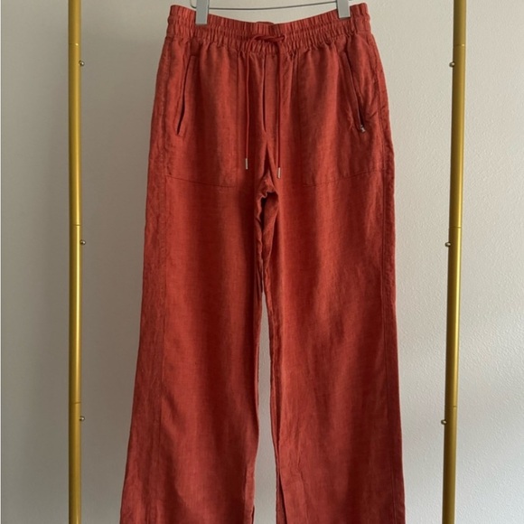 Athleta Retreat Linen Pull On Stretch Waist Wide Leg Orange Pants Trousers - Picture 2 of 5